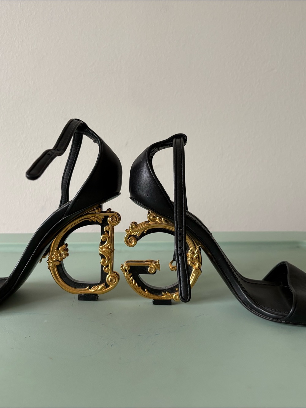 Dolce & Gabbana Black Leather Heels with Ornate Gold DG Logo Heels